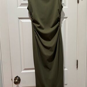 Alex Marie Olive Green Sleeveless Midi Dress with Draped Front